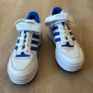 Adidas White and Blue Striped Platform Forum Sneakers
